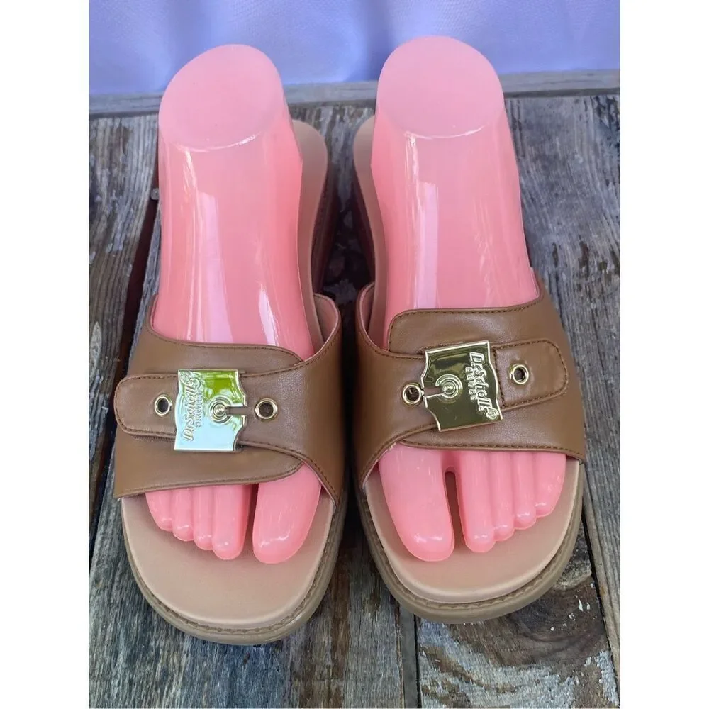 Dr. Scholl’s Island Icon Tan Slide Sandals Gold Buckle Women’s Size 8.5W